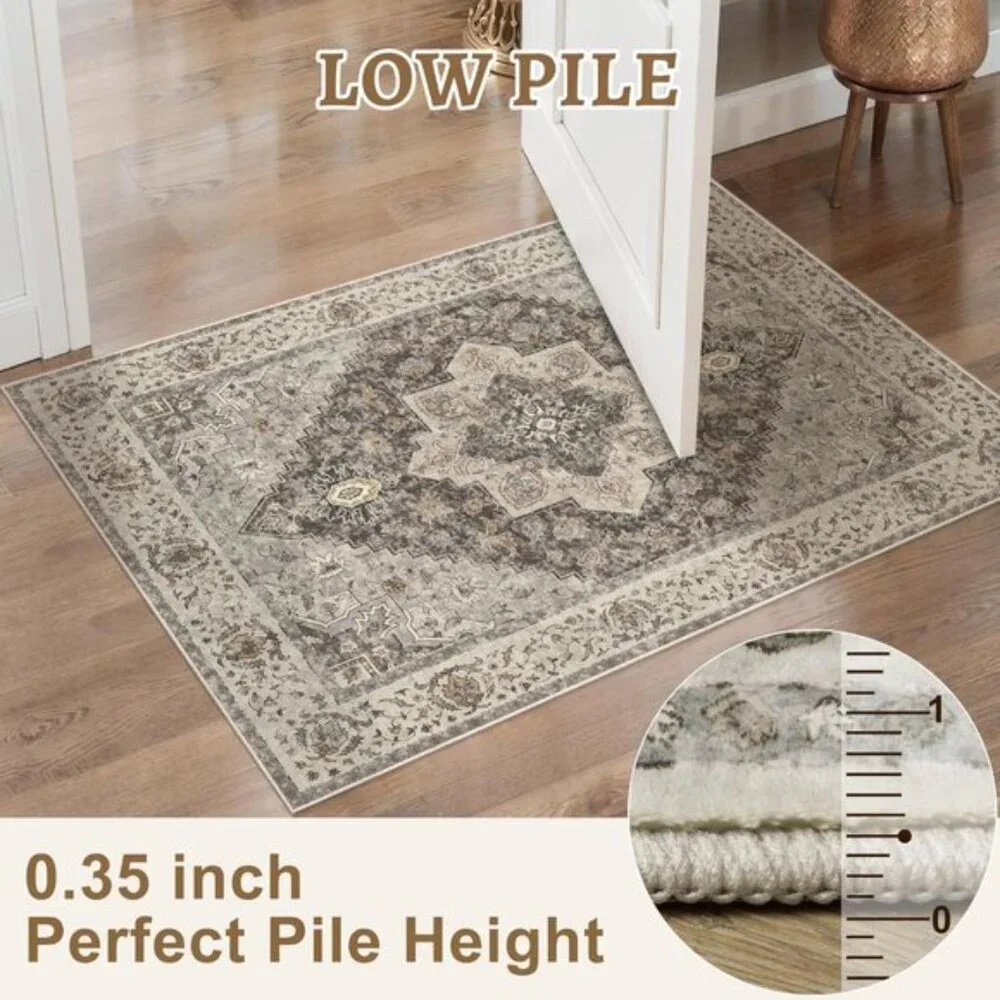 New 4x6 Washable Vintage Rug, Soft Distressed Brown/Grey Non-Slip Carpet